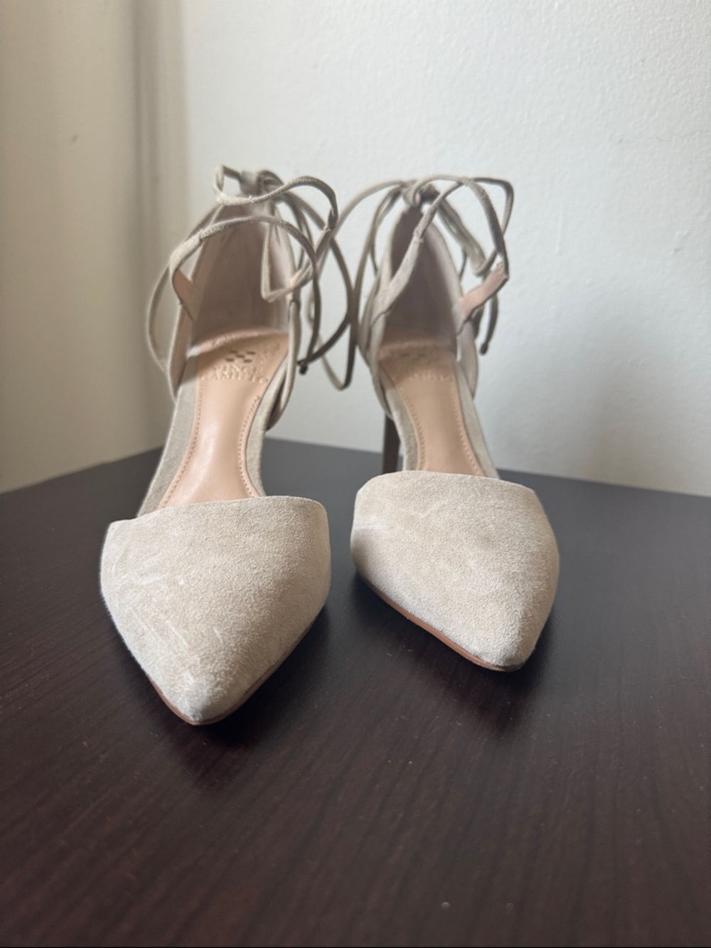Vince Camuto Pointed-Toe Lace-Up Heels in Beige Suede